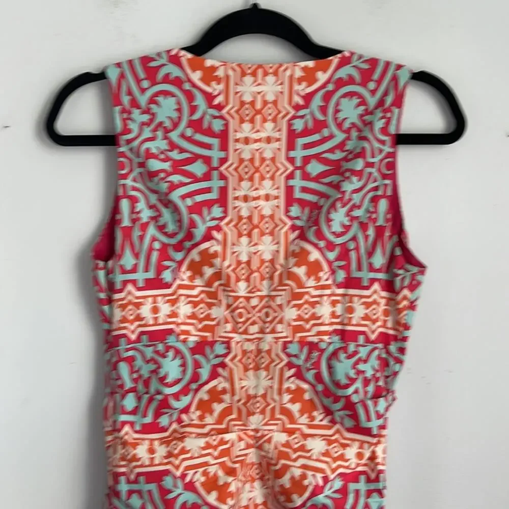 Hale Bob ruched printed ruffle front beaded sleeveless tank dress sz S - Picture 6 of 7